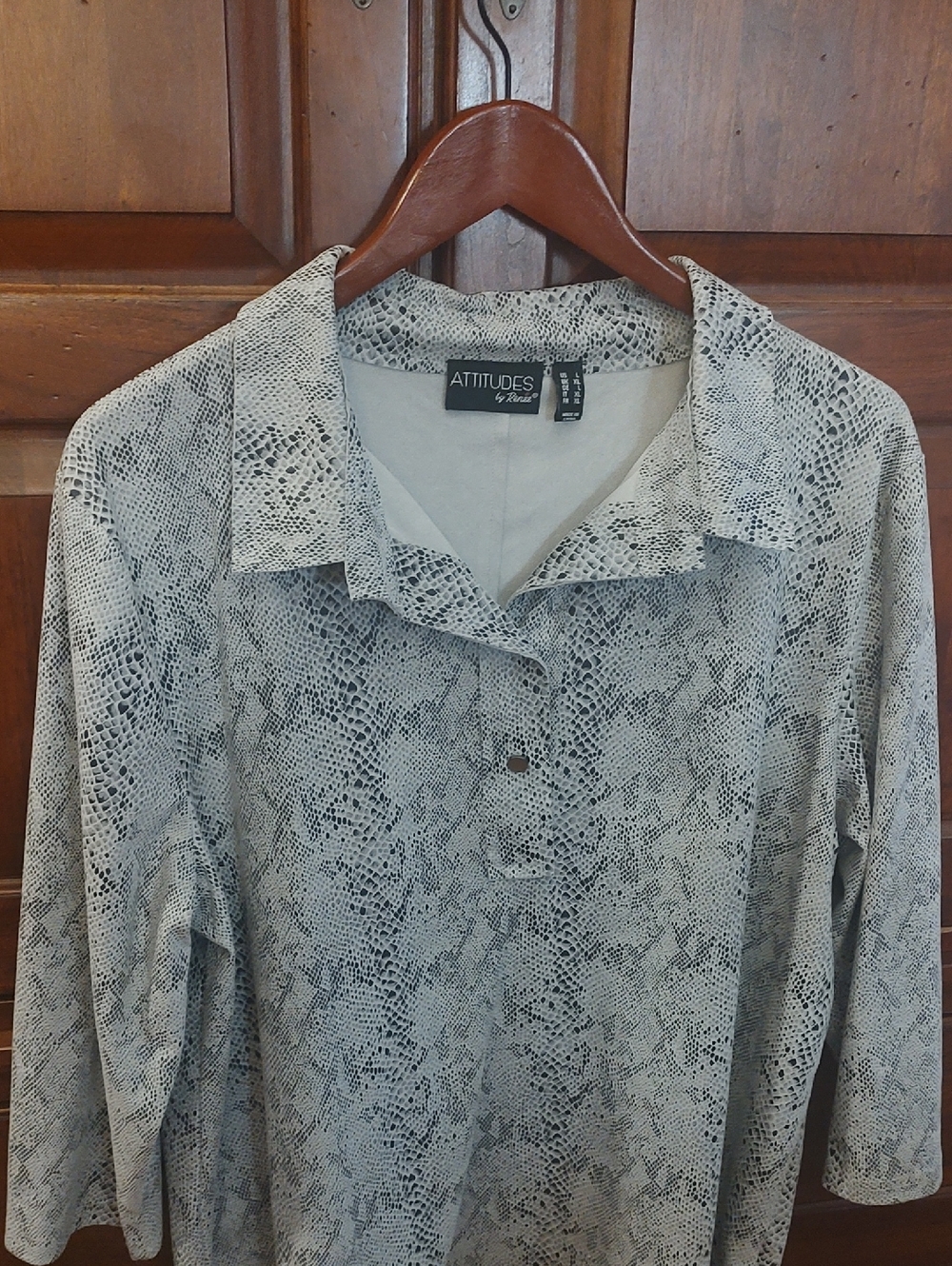 Attitudes by Renee Black and White Snake-Print Collared Blouse